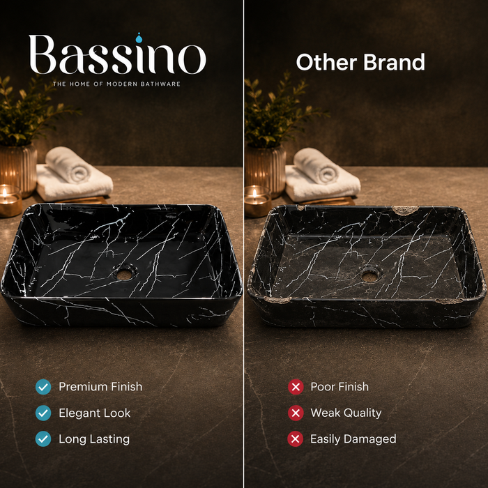 BassinoBlack Marble Rectangular Countertop Wash Basin – Premium Ceramic Vessel Sink (23.6" x 13.8" x 4.9")