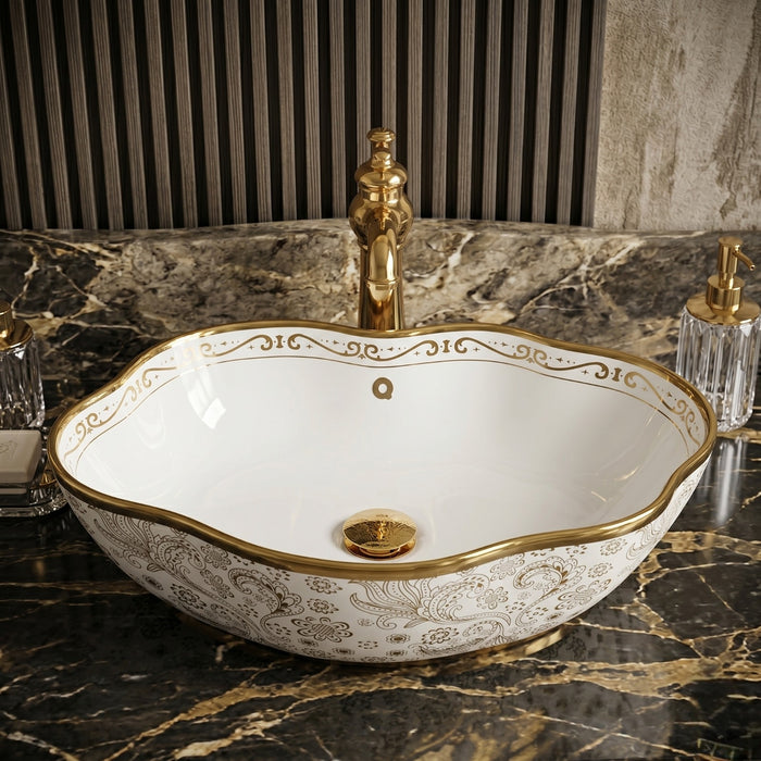 Bassino Luxury Floral Designer Countertop Wash Basin – Premium White & Gold Ceramic Vessel Sink (19.7" x 15" x 5.1")