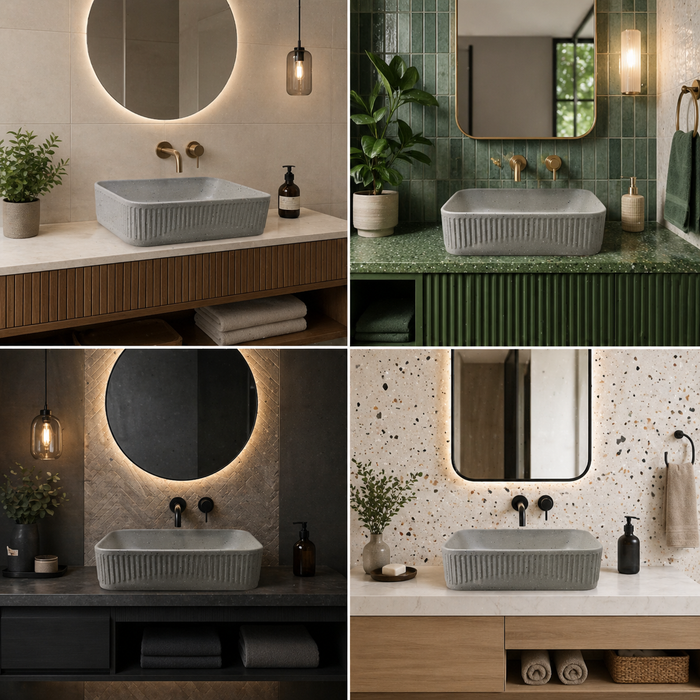 Bassino Grey Stone Textured Rectangular Countertop Wash Basin – Modern Ceramic Vessel Sink (20" x 14" x 5")