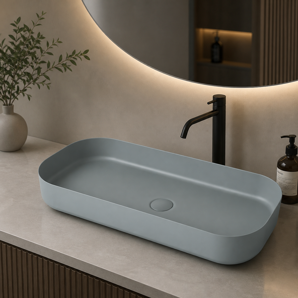 Bassino Modern Melamine Wash Basin | Stylish Countertop Wash Basin for Bathroom–800x350x125 mm Grey