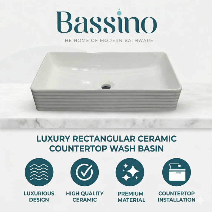 Bassino Rectangular Ceramic Countertop Wash Basin 24 x 13 x 5 Inch