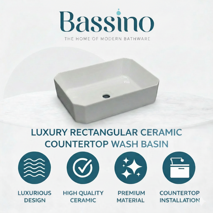 Bassino  Rectangular Ceramic Countertop Wash Basin | Modern White Vanity Sink 20 x 14 x 5 Inch