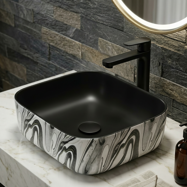 Bassino Square Black Marble Finish Ceramic Countertop Wash Basin | Modern Designer Vanity Sink, 16 x 12 x 6 Inch