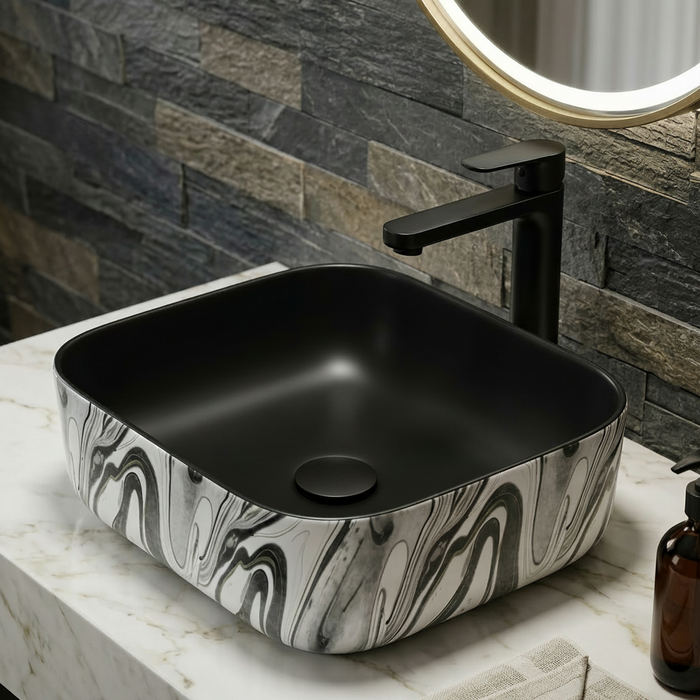 Bassino Square Black Marble Finish Ceramic Countertop Wash Basin | Modern Designer Vanity Sink, 16 x 12 x 6 Inch