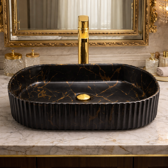 Luxury Oval Black Marble Finish Ceramic Countertop Wash Basin | Fluted Designer Vanity Sink