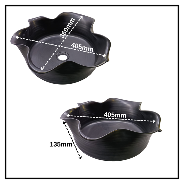 Designer Black Matte Flower Shape Ceramic Countertop Wash Basin | Modern Art Table Top Sink, 16 x 14 x 5 Inch