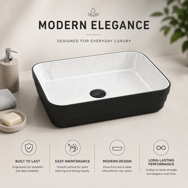 Double Color Matt Marble Bathroom Sink Rectangular Countertop Wash Basin (20" × 14" × 5"IN) Black