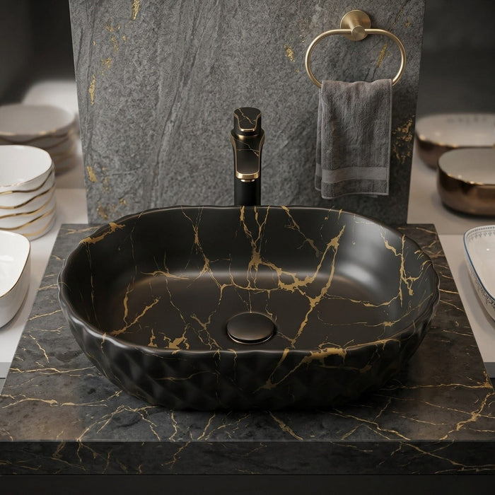 Bassino Black Marble Oval Countertop Wash Basin – Geometric Textured Ceramic Vessel Sink (20" x 13" x 5")