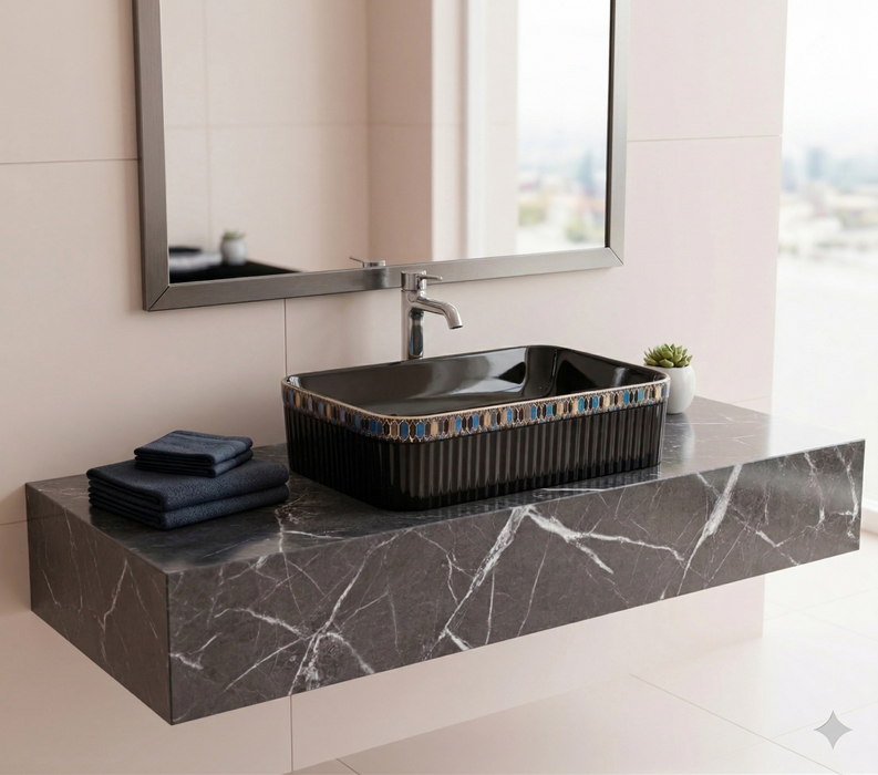 Bassino Luxury Designer Counter Top Wash Basin | Premium Rectangular Table Top Basin | Approx. 24 × 14 × 6 Inches Black