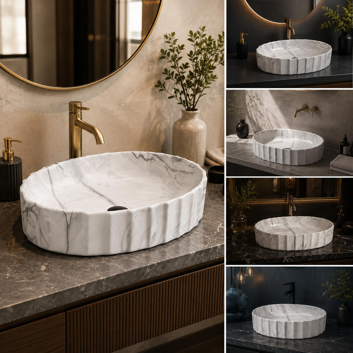 Matte Marble Finish Designer Oval Countertop Bathroom Sink Wash Basin (22" × 14" × 6" IN) White