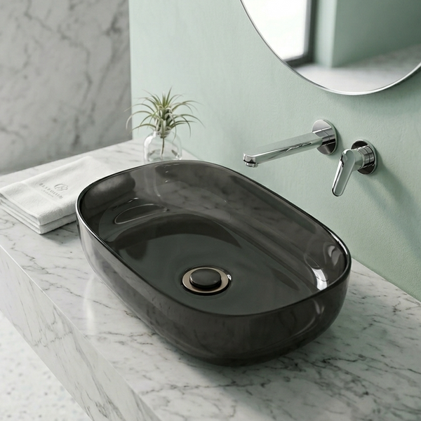 Bassino Modern Transparent Resin Wash Basin | Stylish Countertop Wash Basin for Bathroom–550x360x140 mm Black