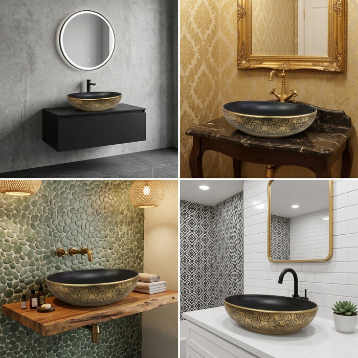 Premium Designer Ceramic Table Top Wash Basin, Matt Black with Gold Pattern (20 x 16 x 5.5 In) EQP-1047