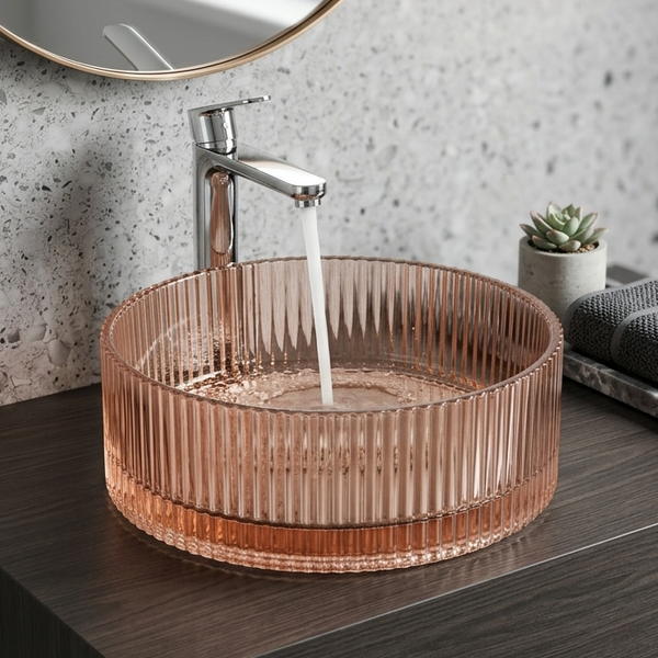 Bassino Modern Transparent Glass Wash Basin | Stylish Countertop Wash Basin for Bathroom–395x395x160 mm Rose gold
