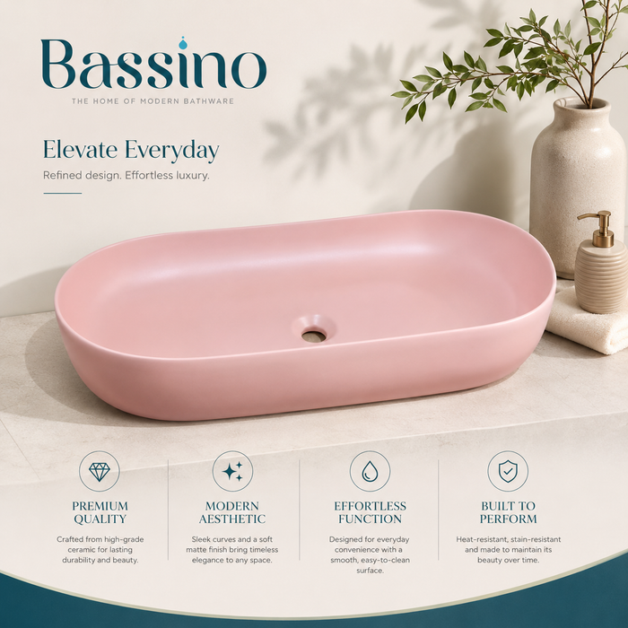 Bassino Oval Table Top Wash Basin | Premium Countertop Ceramic Bathroom Sink | Matte Pink Vessel Basin | 31 x 16 x 5 Inch