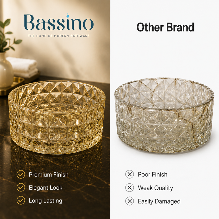 Bassino 12" Luxury Crystal Cut Glass Countertop Wash Basin – Premium Amber Gold Round Designer Vessel Sink (11.8" x 11.8" x 5.1")