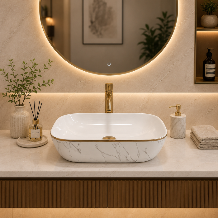 Bassino Marble Finish Table Top Wash Basin | Premium Countertop Ceramic Bathroom Sink | White Basin with Gold Rim 18 x 13 x 5 Inch
