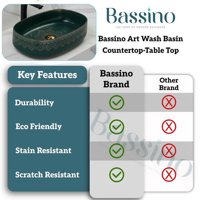 Designer Ceramic Wash Basin (Green Gold Moroccan design - 21 x 14 x 6 In - AB615)