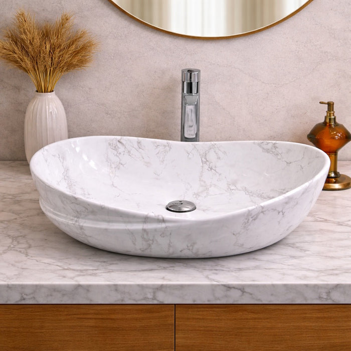Bassino Luxury Designer Counter Top Wash Basin | 20x13x7Inch | White Marble | Glossy