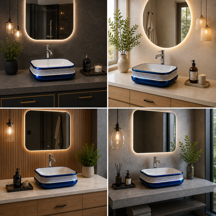 Bassino Blue & White Greek Pattern Countertop Wash Basin – Premium Ceramic Vessel Sink (18.1" x 14.2" x 5.5")