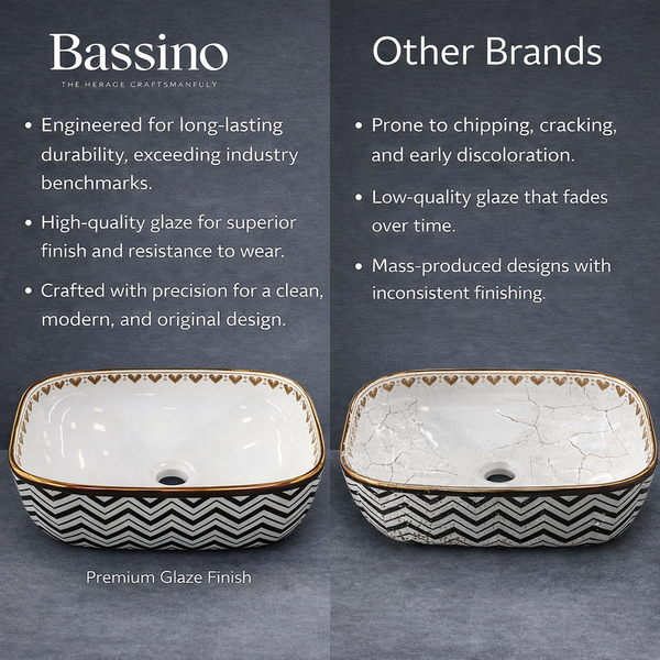 BASSINO Chevron Heart Gilded Ceramic Vessel Sink (18 x 13 x 6 Inches)