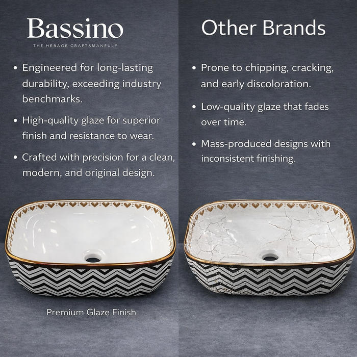 BASSINO Chevron Heart Gilded Ceramic Vessel Sink (18 x 13 x 6 Inches)