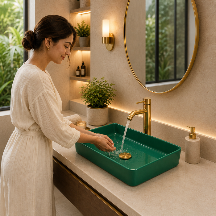 Bassino 24" Green Rectangular Countertop Wash Basin – Modern Luxury Ceramic Vessel Sink (23.6" x 13.8" x 4.3")