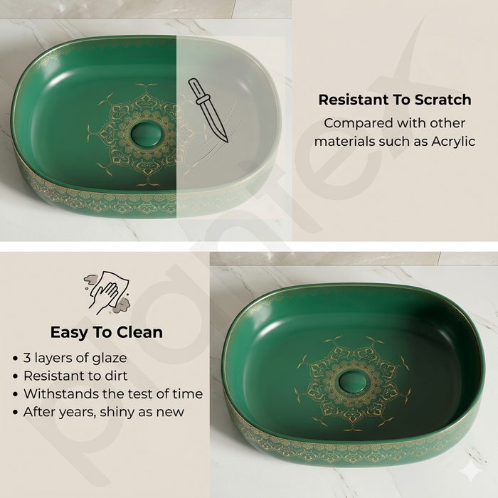 Designer Ceramic Wash Basin Moroccan design | 21 x 14 x 6 In | Green
