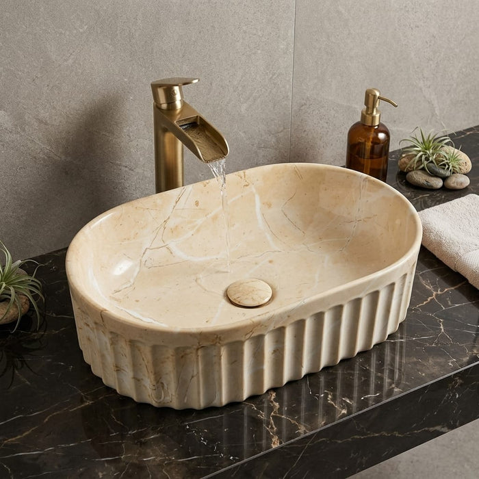 Designer Table-Top Basin | Gloss Marble Ceramic Basin | 22x14.2x6 inch | Beige Marble