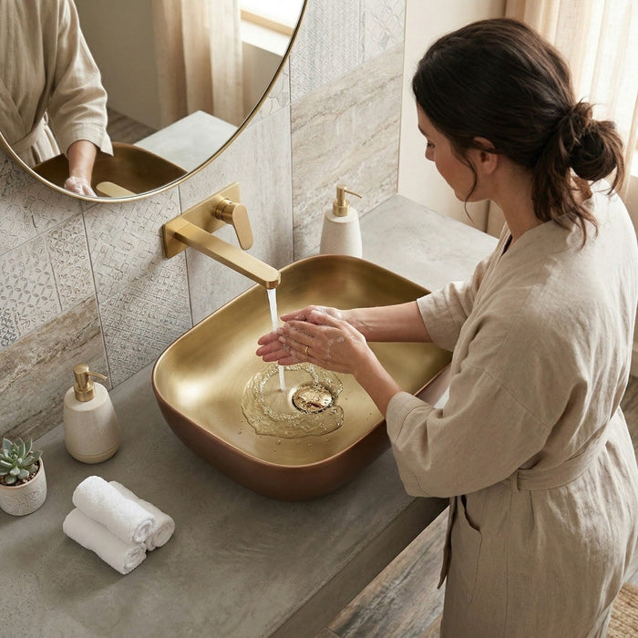Luxury Counter Top Wash Basin | Matte Rectangle Table Top Basin | 18x13x5.8 Inch | Gold With Bronze
