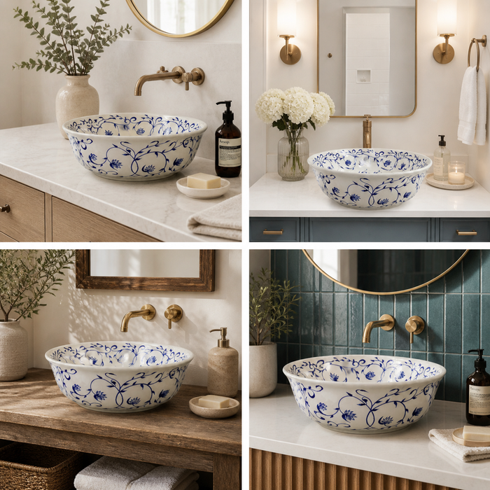 Bassino Floral Art Round Countertop Wash Basin – Designer Ceramic Vessel Sink (15.7" x 15.7" x 6.3")