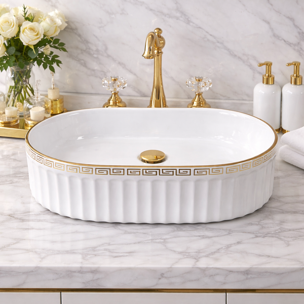 BASSINO Olympian Greco-Roman Fluted Vessel Sink (22 x 14 x 6 Inches)