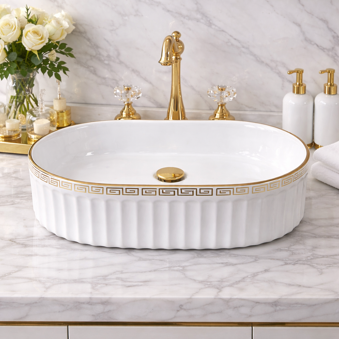 BASSINO Olympian Greco-Roman Fluted Vessel Sink (22 x 14 x 6 Inches)