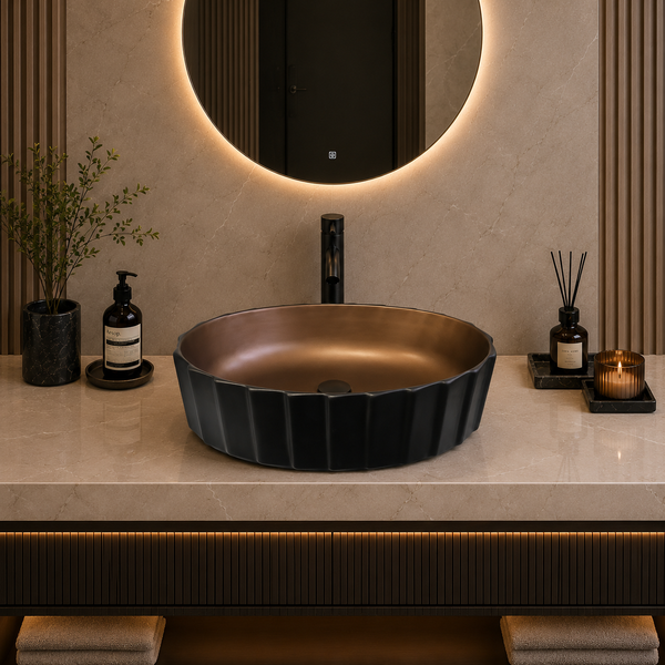 Oval Fluted Black & Bronze Table Top Wash Basin – Luxury Countertop Vessel Sink (22" x 14" x 6")