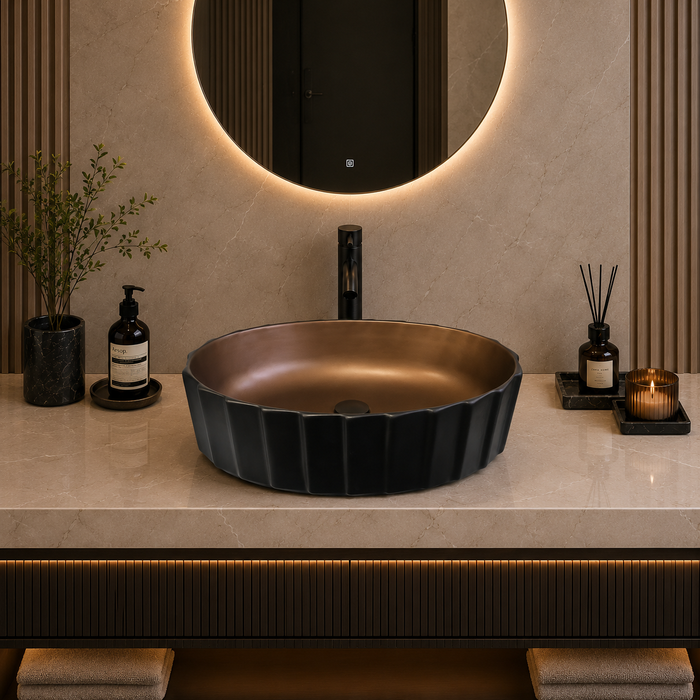 Oval Fluted Black & Bronze Table Top Wash Basin – Luxury Countertop Vessel Sink (22" x 14" x 6")