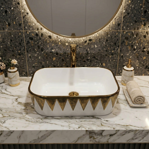 Bassino White & Gold Geometric Countertop Wash Basin – Designer Rectangular Vessel Sink (18" x 13" x 6")