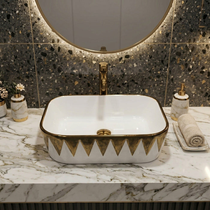 Bassino White & Gold Geometric Countertop Wash Basin – Designer Rectangular Vessel Sink (18" x 13" x 6")