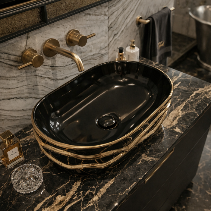 BASSINO Gilded Obsidian Abstract Vessel Sink (20 x 14 x 6 Inches)