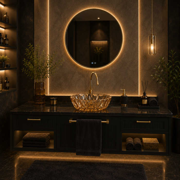 Bassino 16" Luxury Crystal Cut Glass Countertop Wash Basin – Premium Amber Gold Designer Vessel Sink (15.9" x 15.9" x 5.1")