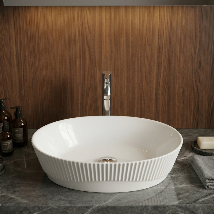 Bassino Textured Oval Countertop Wash Basin (19" x 13" x 6") – Premium Ceramic Sink with Ribbed Exterior Design