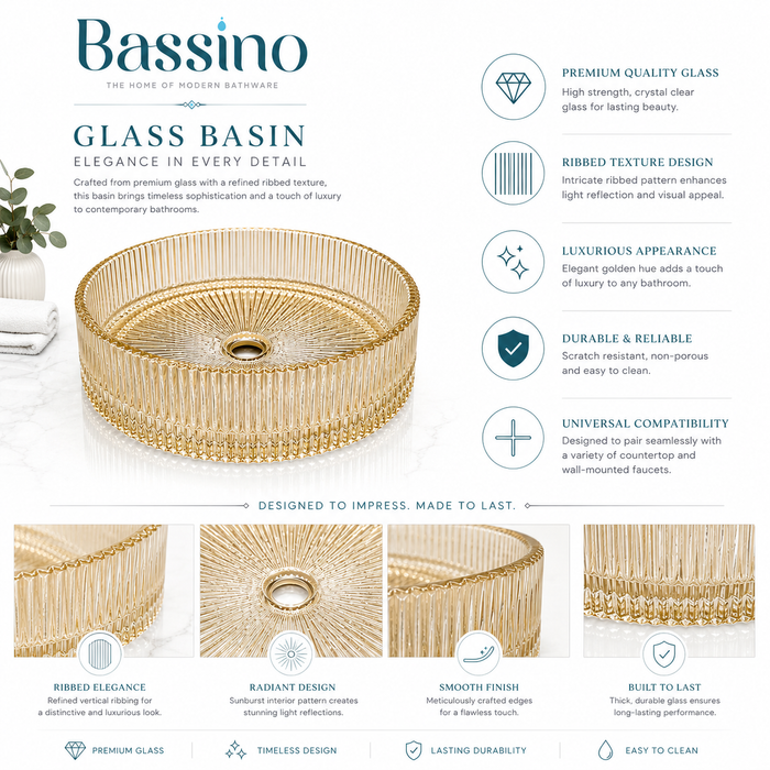 Bassino 16" Luxury Ribbed Glass Countertop Wash Basin – Premium Clear Gold Round Designer Vessel Sink (15.7" x 15.7" x 4.7")