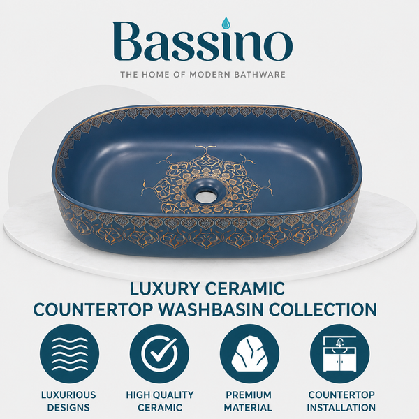 Designer Ceramic Wash Basin Gold Moroccan design | 21 x 14 x 6 In | Blue