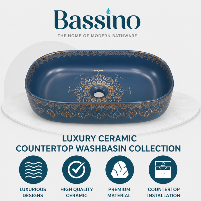 Designer Ceramic Wash Basin Gold Moroccan design | 21 x 14 x 6 In | Blue