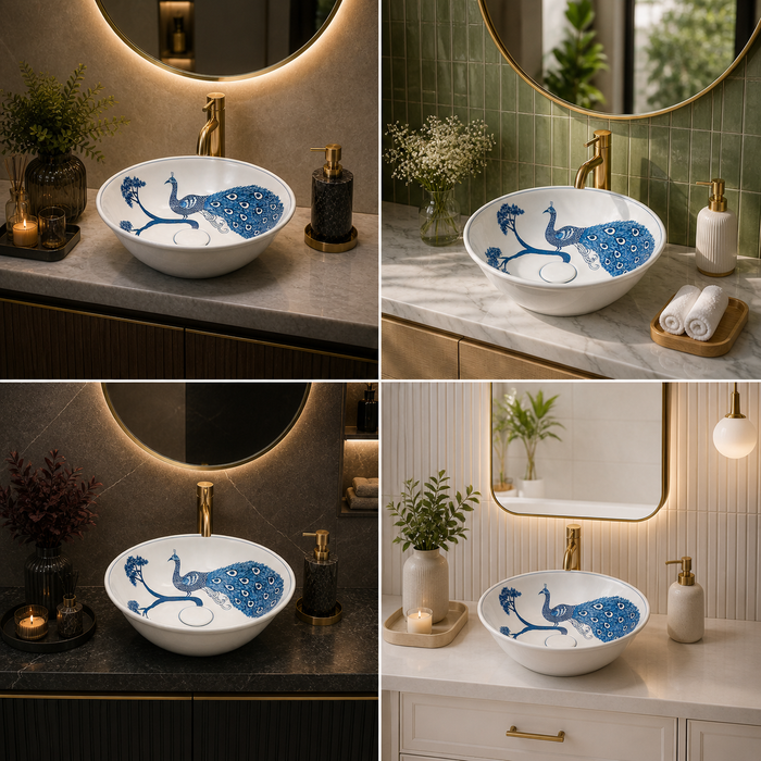 Bassino Peacock Design Round Countertop Wash Basin – Artistic Ceramic Vessel Sink (15.7" x 15.7" x 4.7")