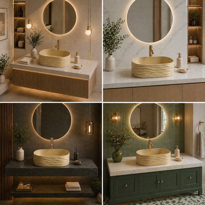 Bassino 20" Beige Wave-Textured Oval Ceramic Countertop Wash Basin – Designer Vessel Sink (20" x 12" x 6")