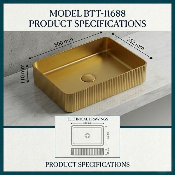 Modern Stainless Steel Countertop Wash Basin (500x352x110 mm) Gold