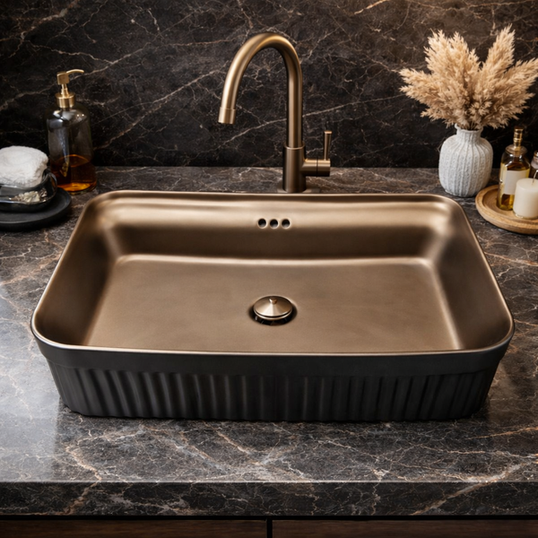 BASSINO Imperial Fluted Black-Bronze Ceramic Vessel Sink (24 x 14 x 6 Inches)