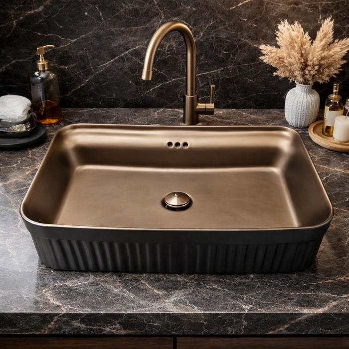 BASSINO Imperial Fluted Black-Bronze Ceramic Vessel Sink (24 x 14 x 6 Inches)