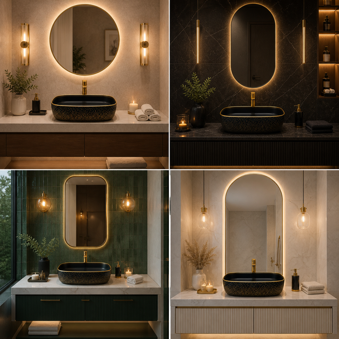 Bassino 20" x 15" Luxury Countertop Wash Basin – Premium Matte Black & Gold Rectangular Ceramic Vessel Sink (19.7" x 14.6" x 5.3")