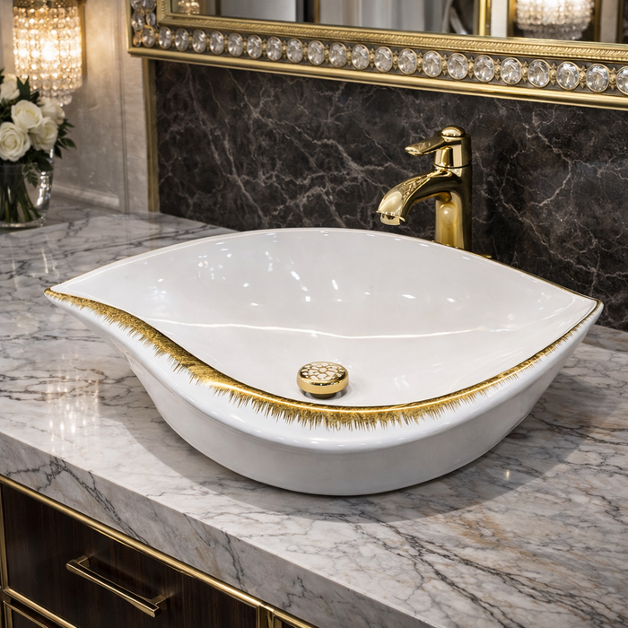 Bassino Luxury Designer Curve Countertop Wash Basin (20" x 16" x 5.5") – Ceramic Sink with Handcrafted Gold Rim Finish