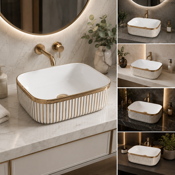 Designer Countertop Wash Basin | 16 × 12 × 6 Inch Luxury Bathroom Basin | Gold & Rose Gold Finish Variants Rose gold